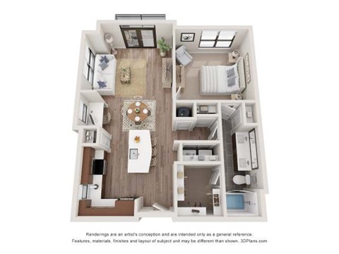 Floor plan for 1 bed, 1 bath, 811 sqft